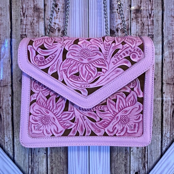 Fresa Tooled Leather Bag Pink Handbag Crossbody (B) - Picture 3 of 7